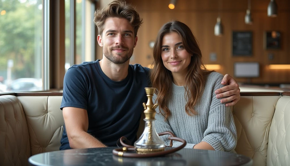 Couple smiling, seated in a cafe with wooden decor. A hookah is on the table. They're casually dressed, sharing a relaxed moment.