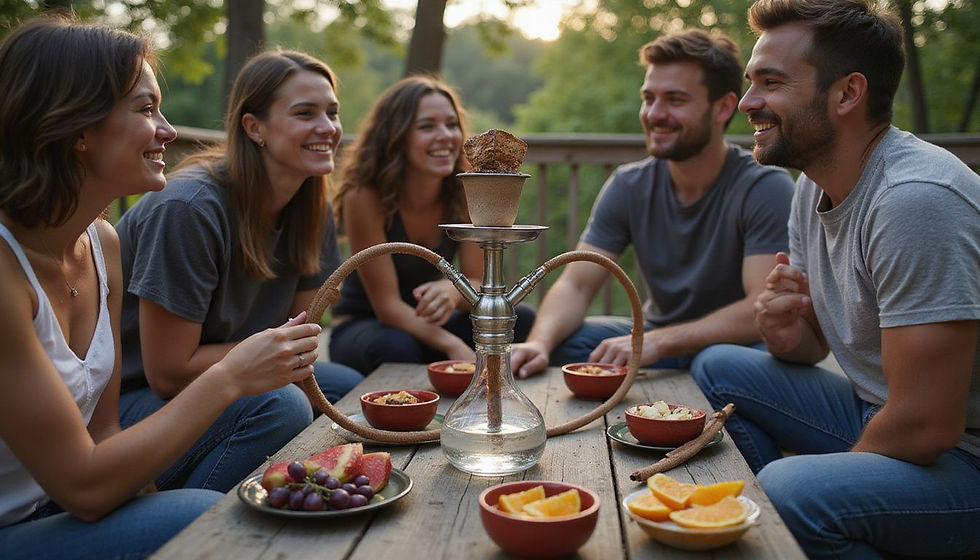Five friends sit outdoors around a hookah and bowls of fruit. They're smiling, creating a relaxed, joyful atmosphere amid greenery.