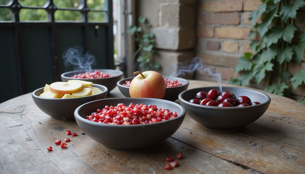 Bowls of pomegranate seeds, apple slices, and cherries on a wooden table. Rustic brick and plant-filled background. Natural and fresh vibe.