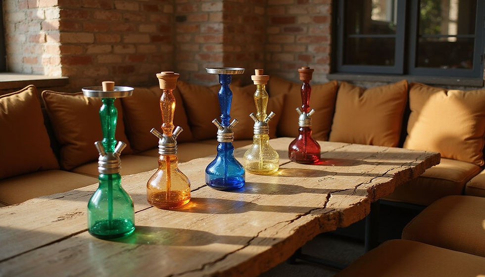 Colorful hookahs on a rustic wooden table, with brown cushions and brick walls in the background, creating a cozy, relaxed atmosphere.