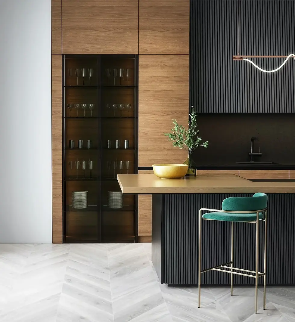 Modern small kitchen remodel with wood cabinets, glass display unit, black accents, and stylish island with a green bar stool.