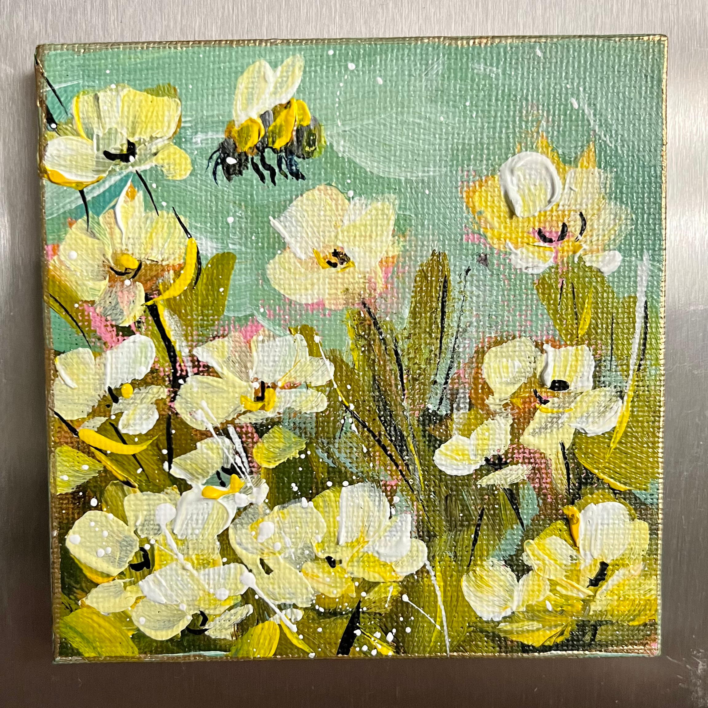 Yellow Flowers & Bee #2 4” Magnet 
