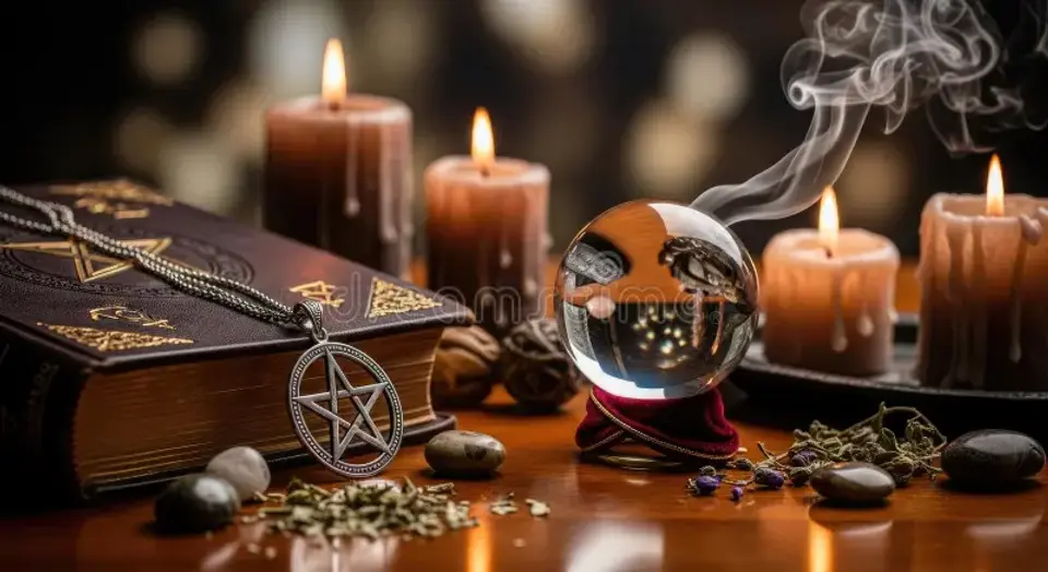 mystical-ritual-setup-pentagram-amulet-ancient-book-glowing-candles-crystal-ball-revealing