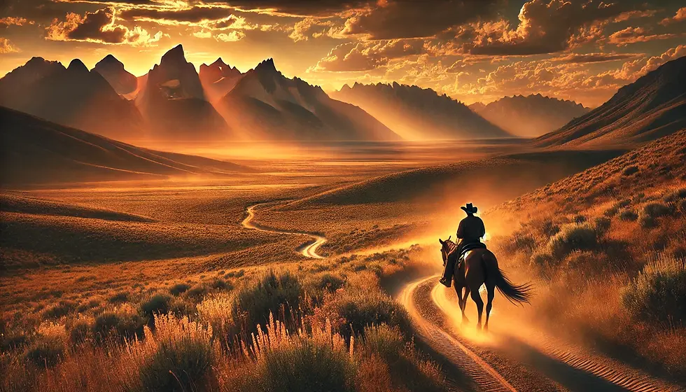 DALL·E 2025-02-06 12.06.10 - A vast Western landscape bathed in golden sunset light, with