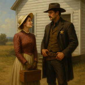 a woman and sherrif stand in front of a school house, Victorian era