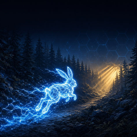 Illustration of a glowing blue electric rabbit made of light leaping along a forest trail at night, trailing arcs of lightning, with golden light breaking through the pines.