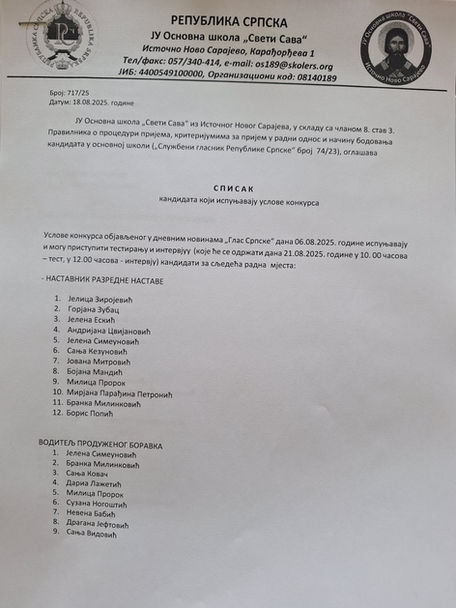 Списак кандидата који испуњавају услове конкурса