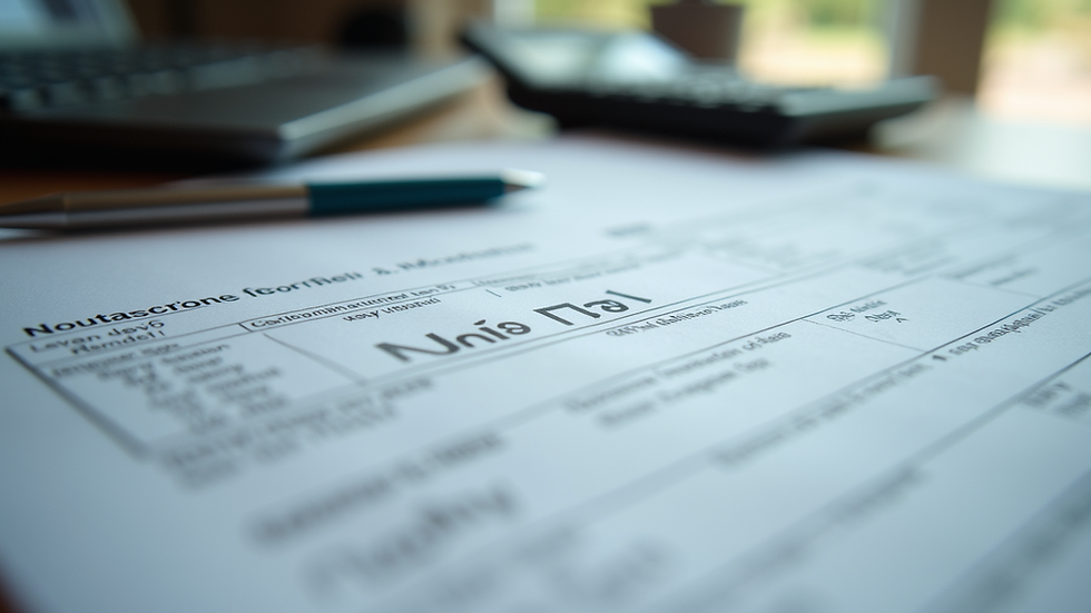 Eye-level view of a desk with tax documents and a calculator