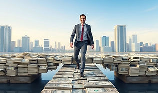 Man walking confidently, crossing a bridge made of money, passing from a side where there