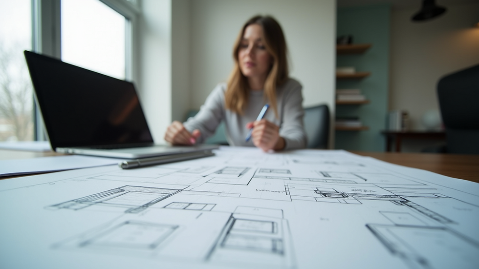 Eye-level view of a sleek modern workspace with a laptop and design sketches