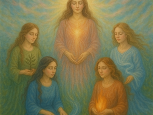 A serene, sacred painting depicting the Divine Feminine rising from Mother Earth. She stands in the center, glowing with radiant golden light and dressed in soft rose tones. Surrounding her are four women representing the elements — Earth holding a small branch, Fire cradling a flame, Water with flowing blue fabric resembling a stream, and Air with soft winds swirling around her. The scene is bathed in gentle hues of blush pink, gold, green, and blue, creating an atmosphere of harmony, healing, and divine grace.