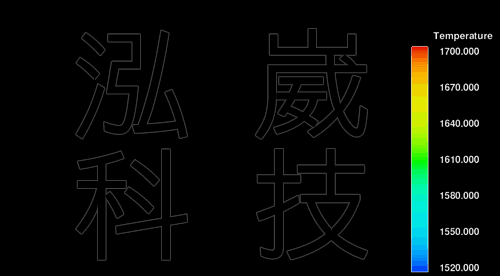 動畫2.充型溫度分布(注意:鑄件上有一圈金屬先進入模穴並且凝固)