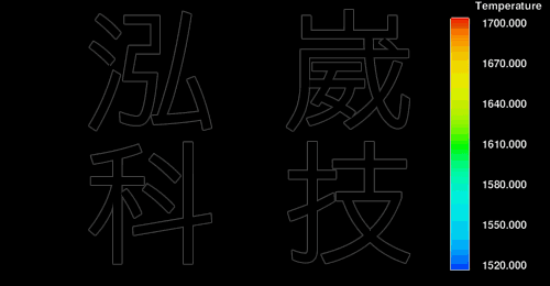 動畫1.充型溫度分布(注意:鑄件上有一圈金屬先進入模穴並且凝固)
