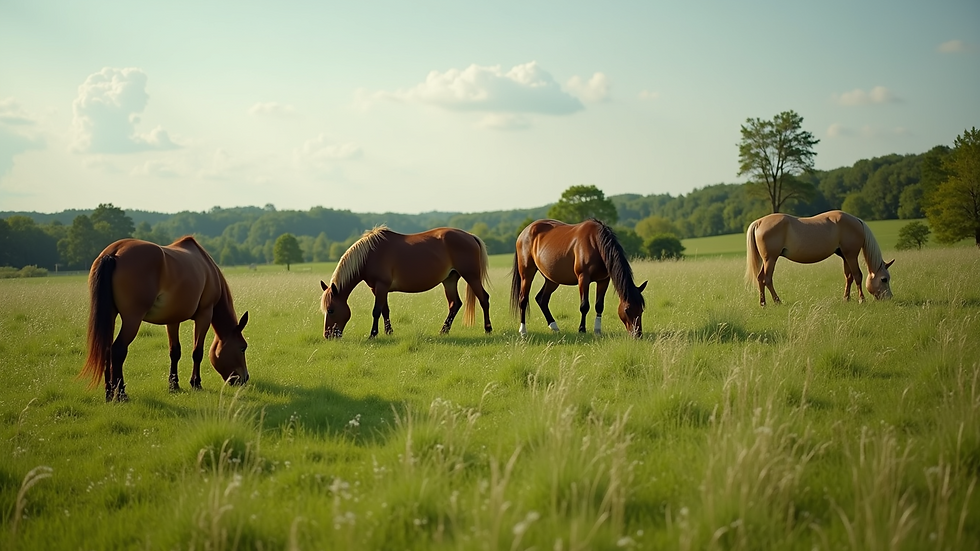 Wide angle view of a lush green pasture with ponies grazing