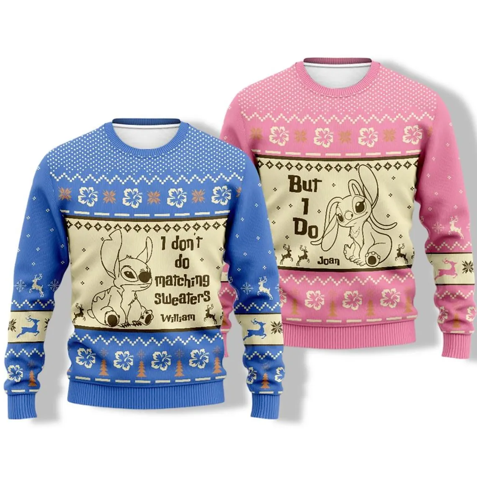 Stitch Angel Christmas Sweater, Couple Christmas Sweater, Disney Couple Ugly Sweater, Personalized Stitch Christmas Holiday Sweater