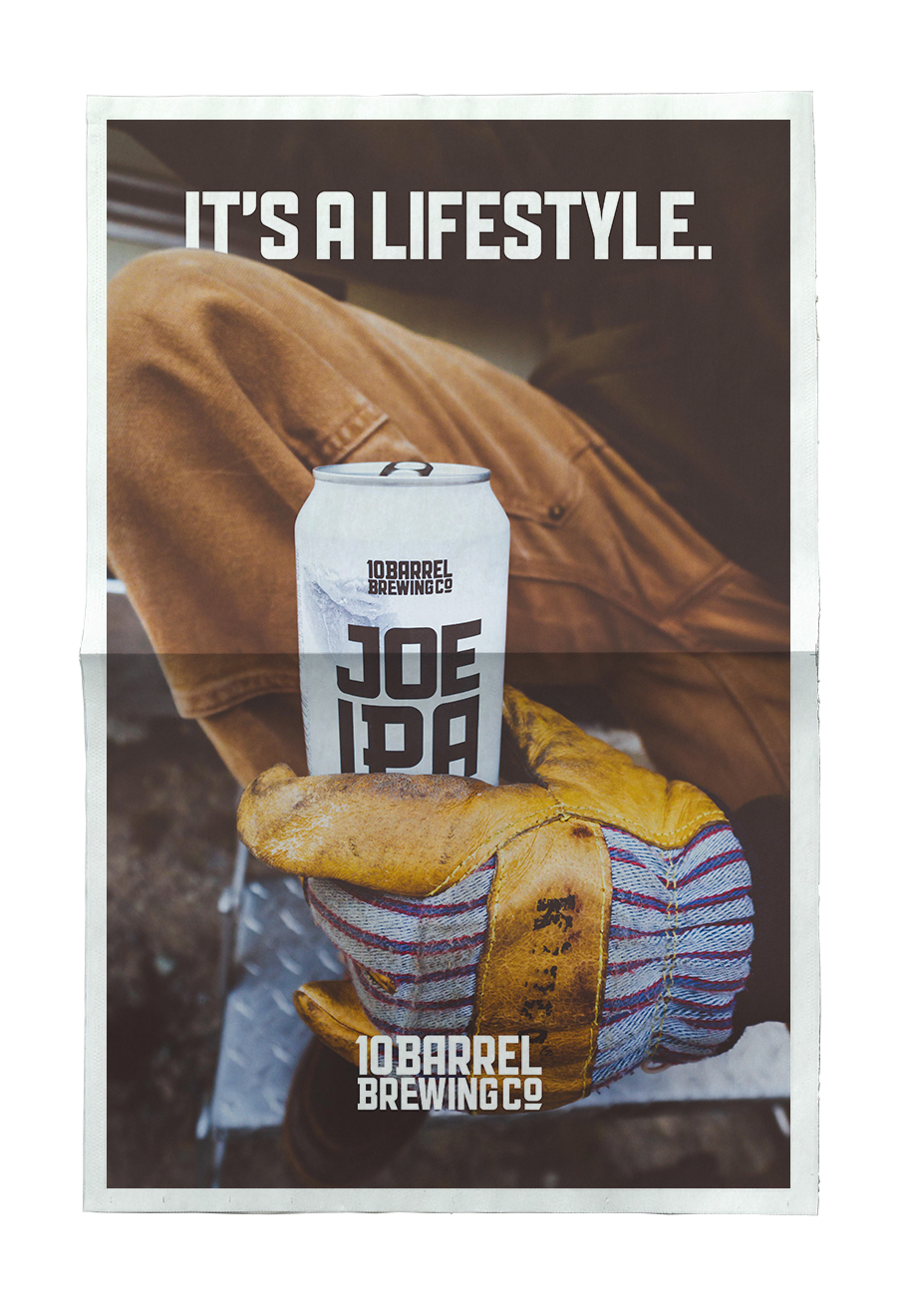 Ad layout of a 10 Barrel Joe IPA can in a lifestyle setting
