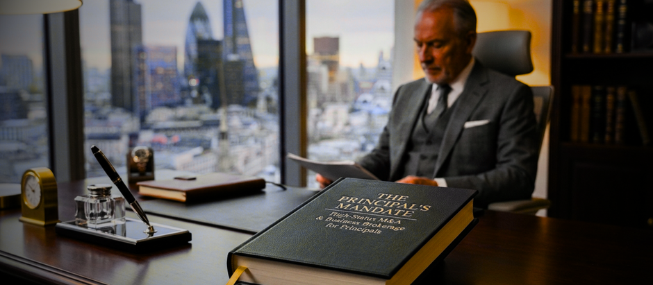 A premium hardback book positioned on a luxury executive desk, representing a high-status authority asset for M&A principals and business brokers.