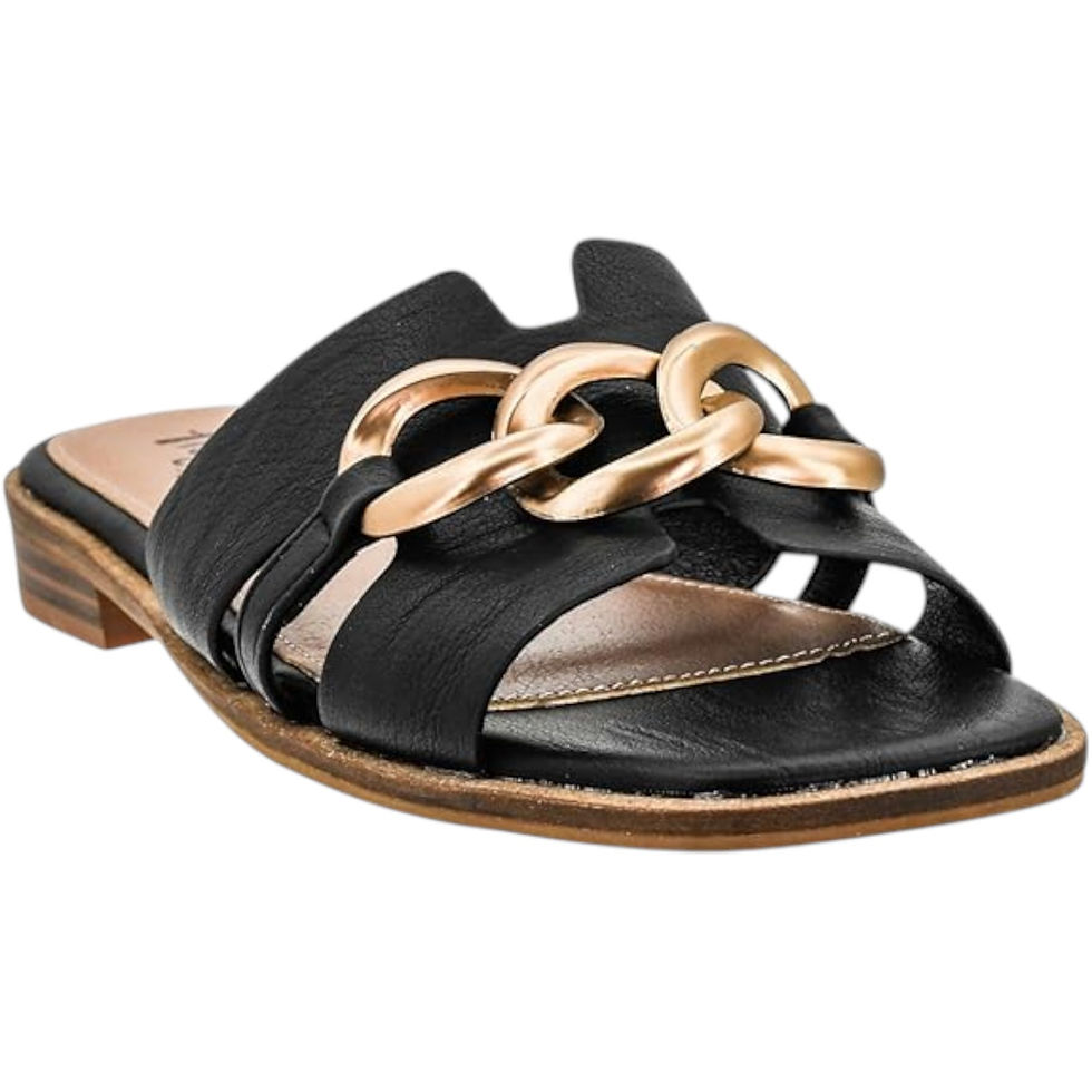 Thumbnail: Right View Black Sandals with Gold Buckle Chain