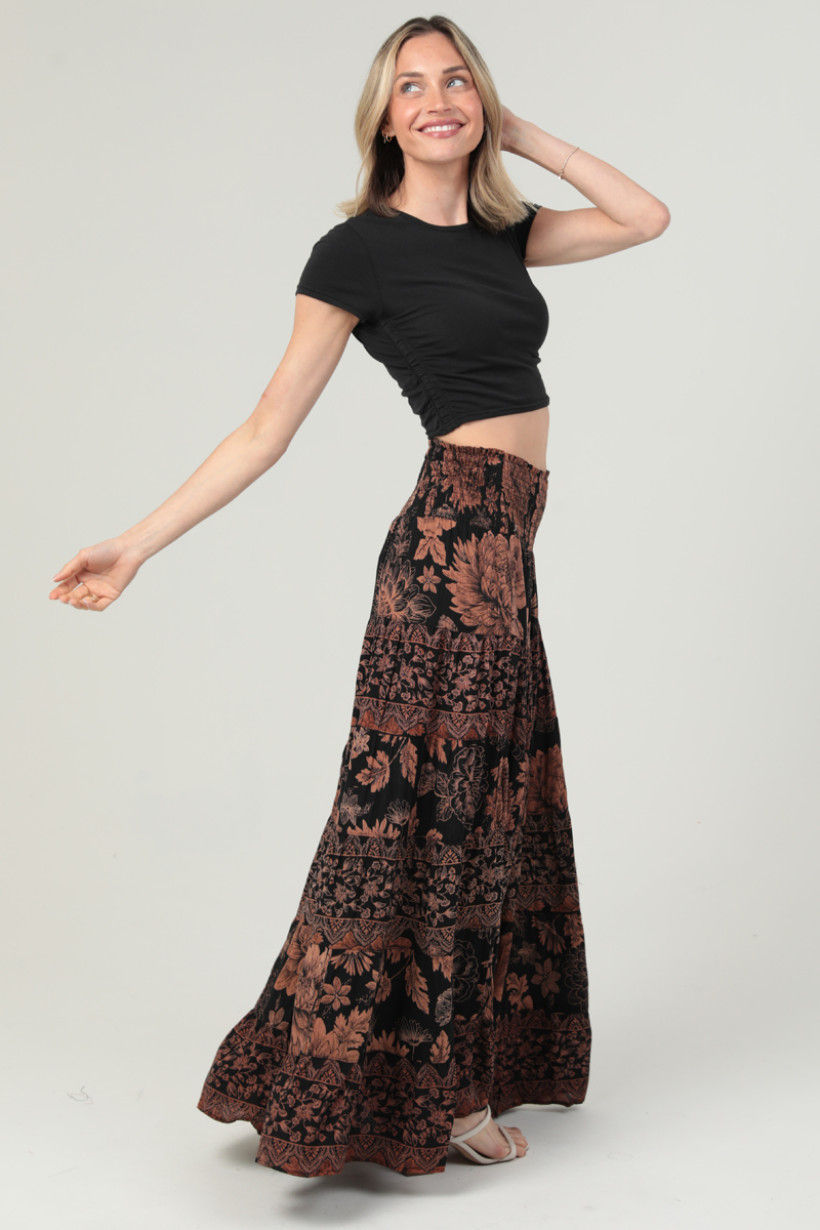 Thumbnail: Black Floral Tiered Skirt With Smocked Waist