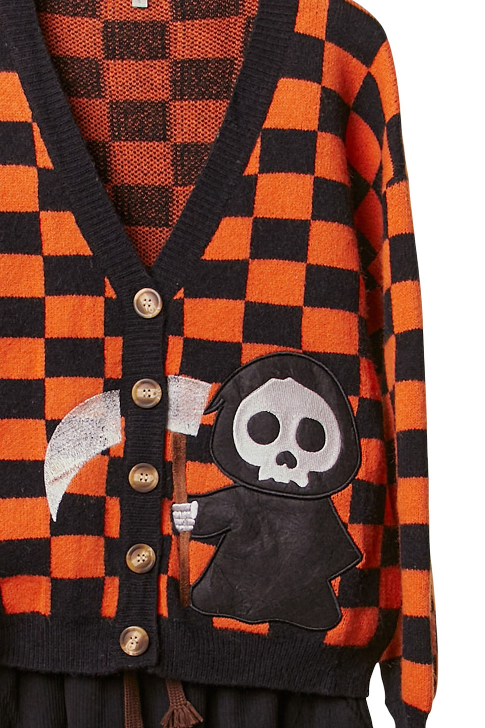 Thumbnail: Close up View Grim Reaper Checkered V-Neck Cardigan