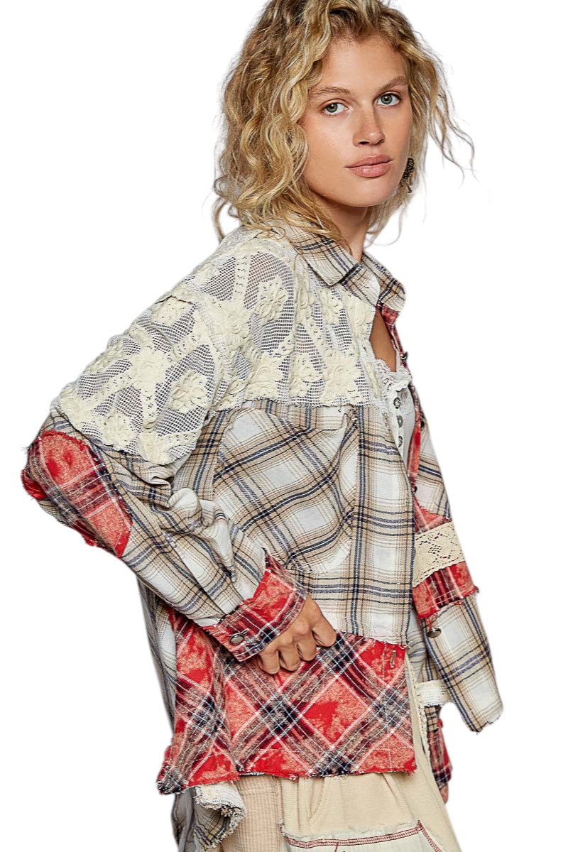 Thumbnail: Right side view Plaid Pattern Balloon Sleeve Collar Shirt Top