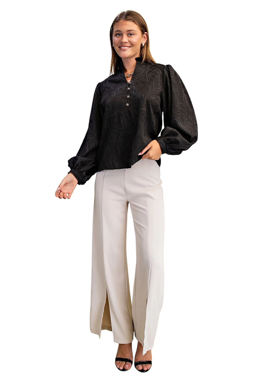 Thumbnail: Black Textured Long Sleeve Blouse with Decorative Buttons