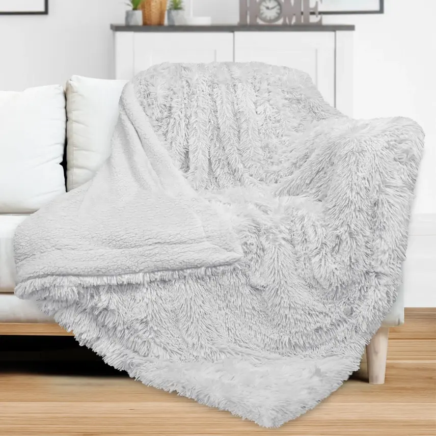 Thumbnail: Light Grey Faux Fur Sherpa Throw Blanket
