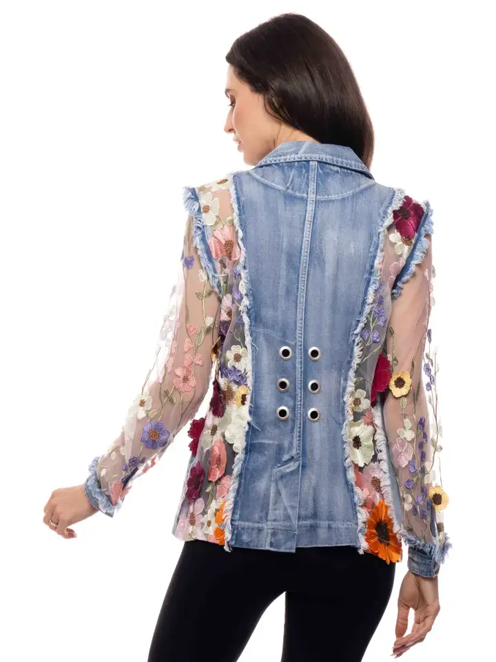 Back View Denim Floral Embroidered Mesh Sleeve Jacket