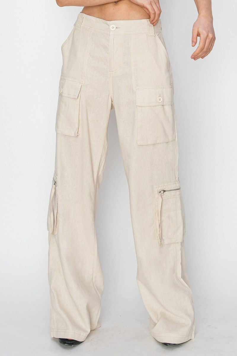 Thumbnail: Full View High Rise Straight Linen Cargo Pants Banana Republic