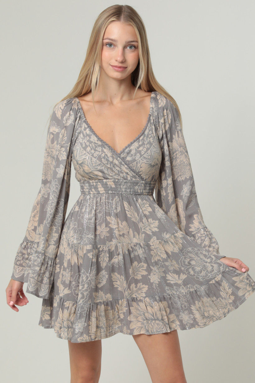 Front View Gray Bell Sleeve Dress with Neckline Lace Trim