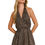 Thumbnail: Brown and Sand Polka Dot Print Satin Halter Neck Open Back Romper