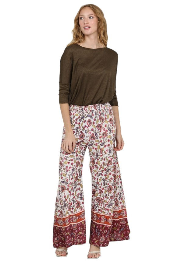 Front View Wide Leg Floral Pattern Flare Pants with Lace Inserts