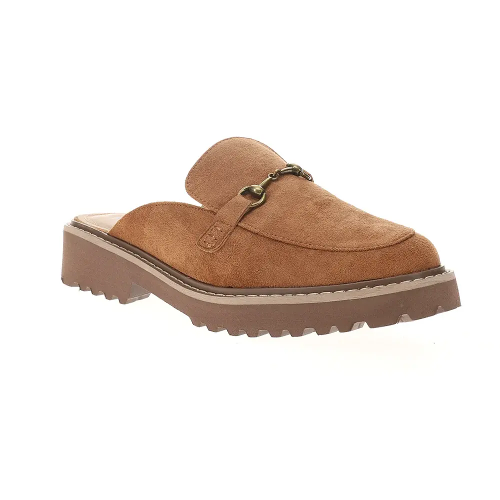Overall view brown lug sole mules