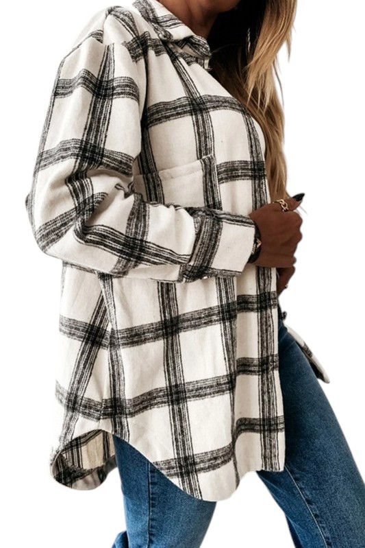 Thumbnail: Ivory White Black View Mid-Length Single Breasted Woolen Shirt
