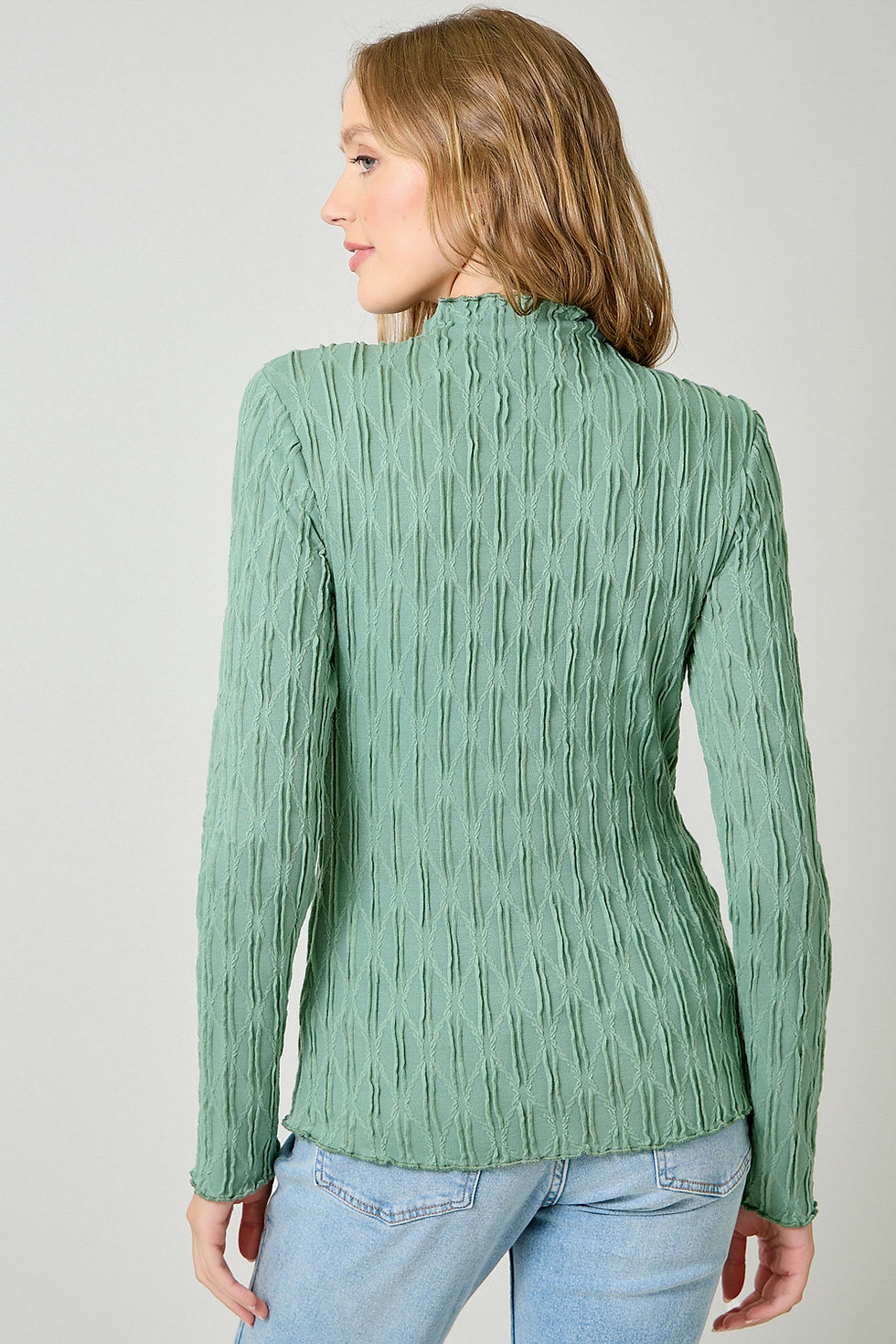 Thumbnail: Textured Knit Lettuce Edge Long Sleeve Fitted Top