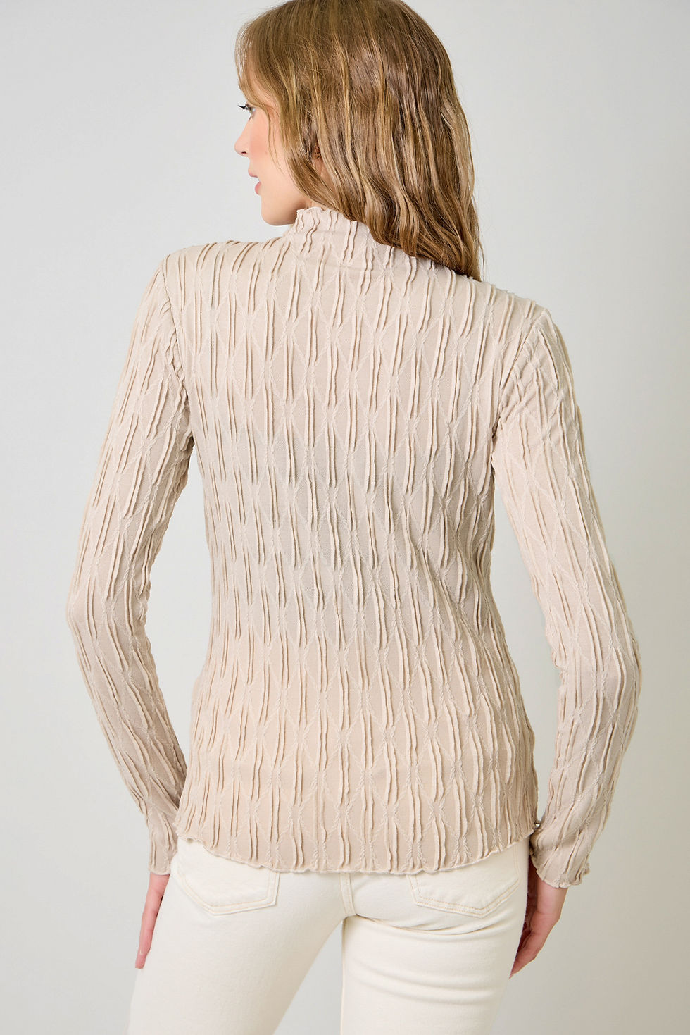 Thumbnail: Textured Knit Lettuce Edge Long Sleeve Fitted Top