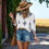 Thumbnail: Full View V Neck Loose Puff Sleeves Shirt