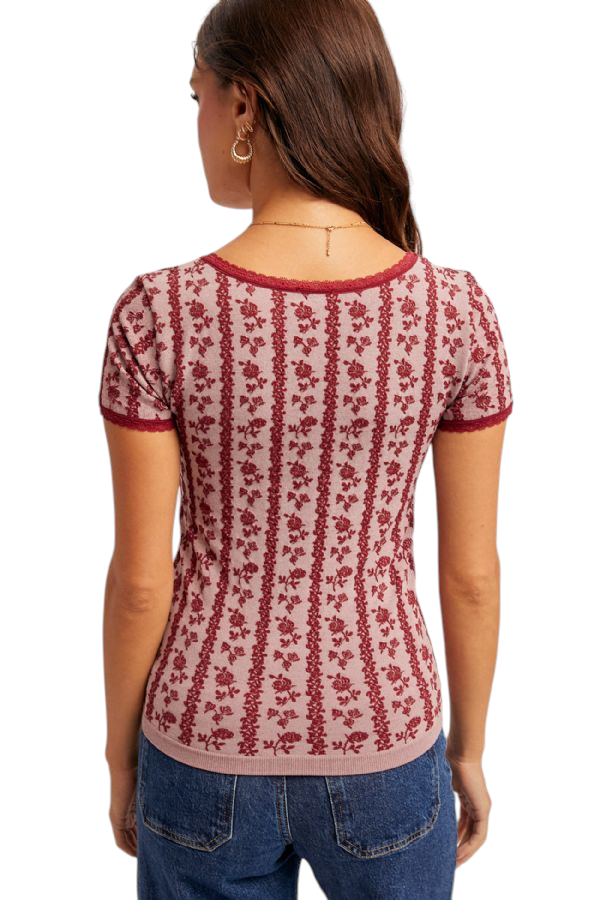 Back View Burgundy Floral Motif Seamless Lace Trimmed Tee