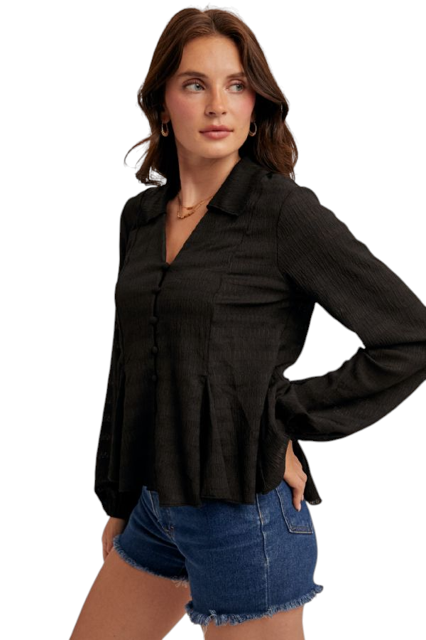 Thumbnail: Side View Black Flowy Button Down Texture Knit Blouse