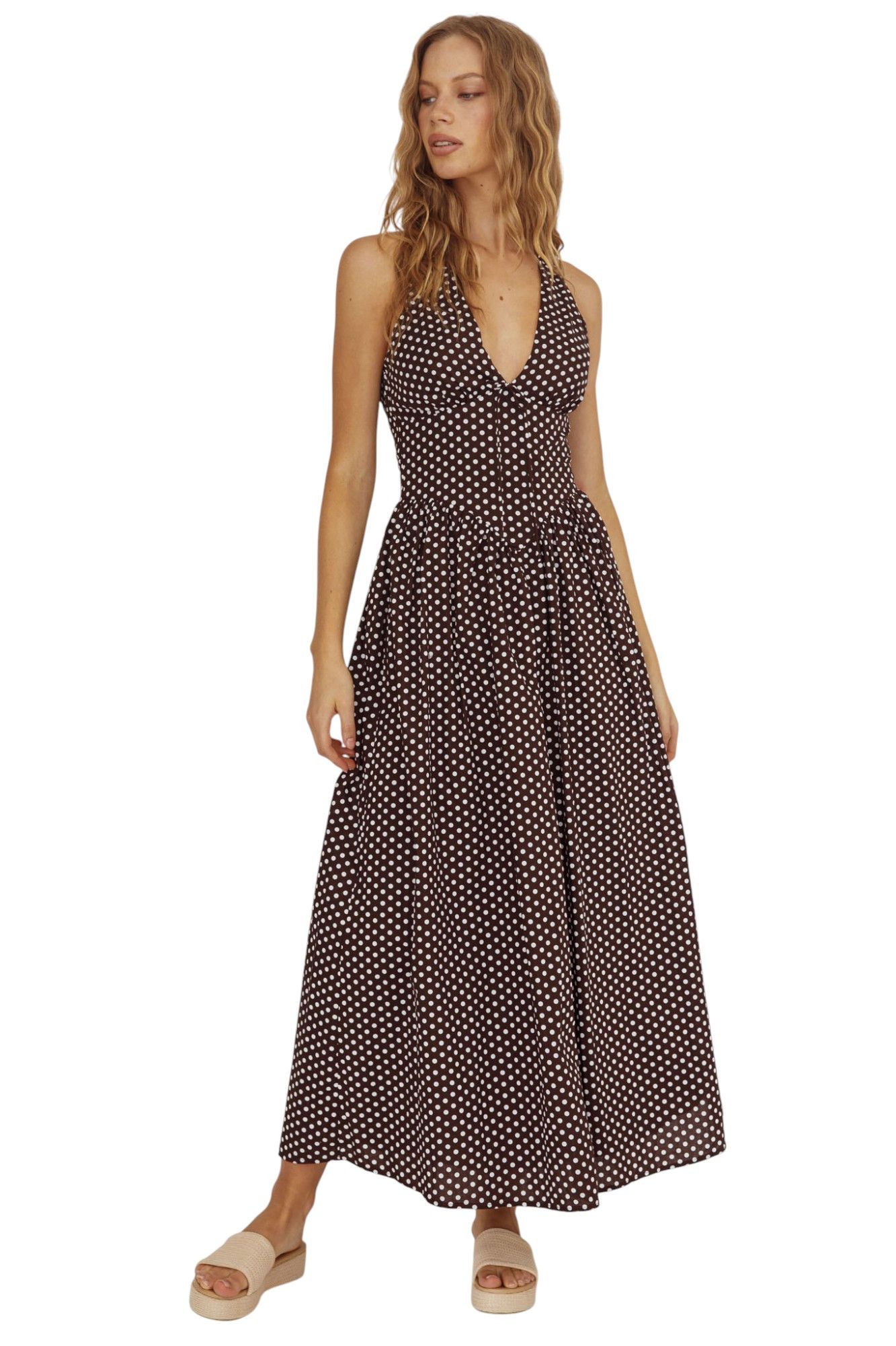 Front View Brown Polka Dot Open Back Maxi Dress
