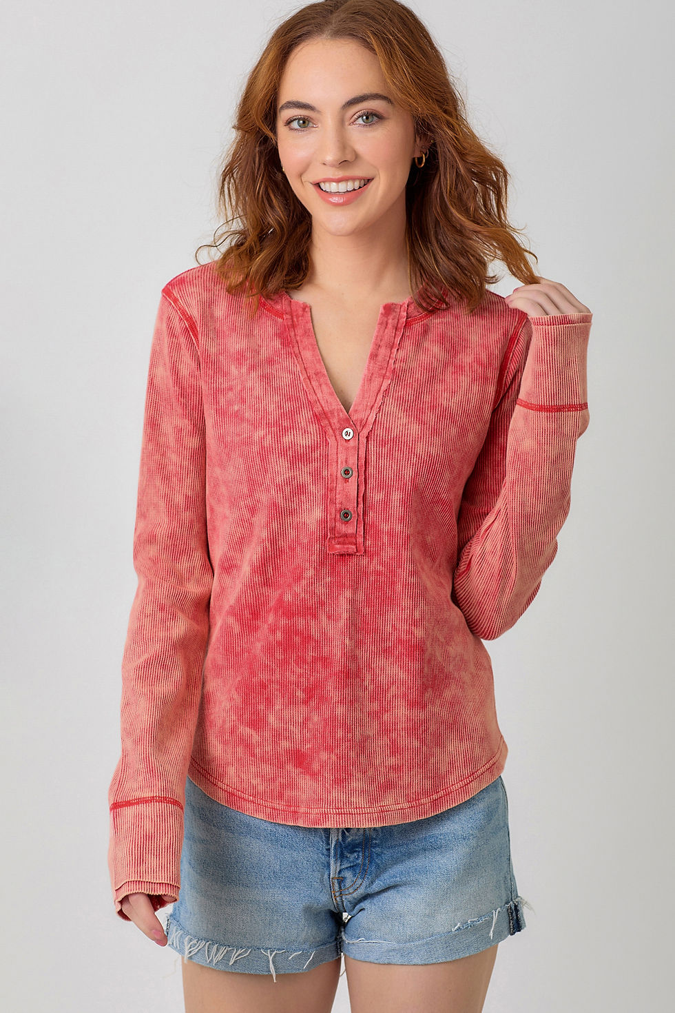 red Washed Thermal Long Sleeve Henley Top