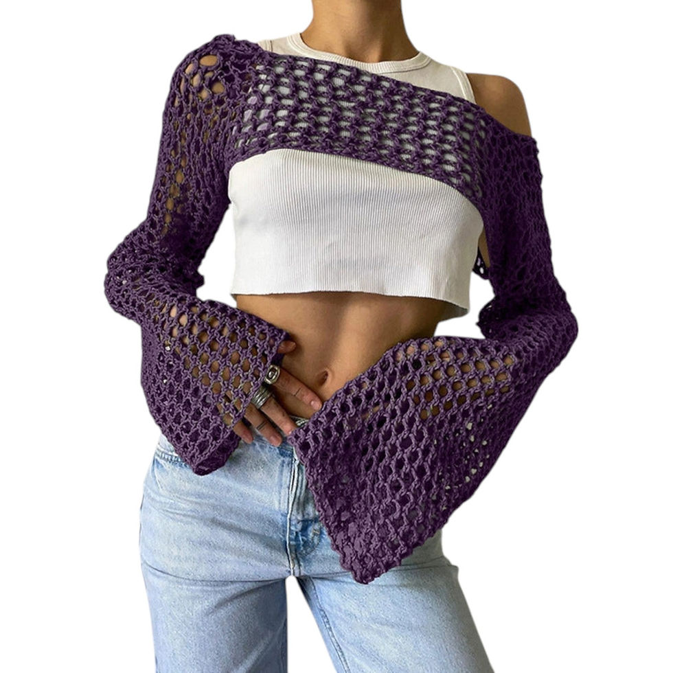 Thumbnail: Purple Ladies Solid Long Sleeves Hollow Out Knit Shrug Top