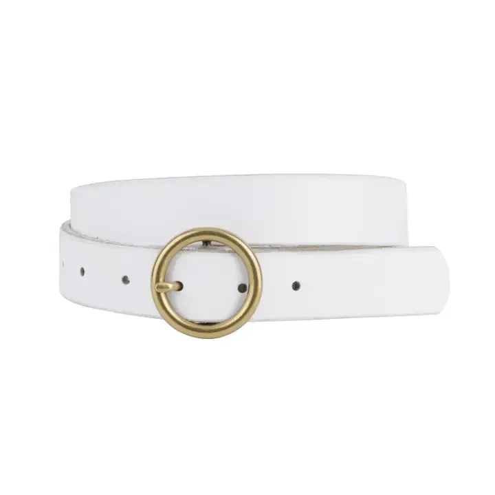 Thumbnail: White Full View Skinny Single Brass-Toned Circle Buckle Leather Belt