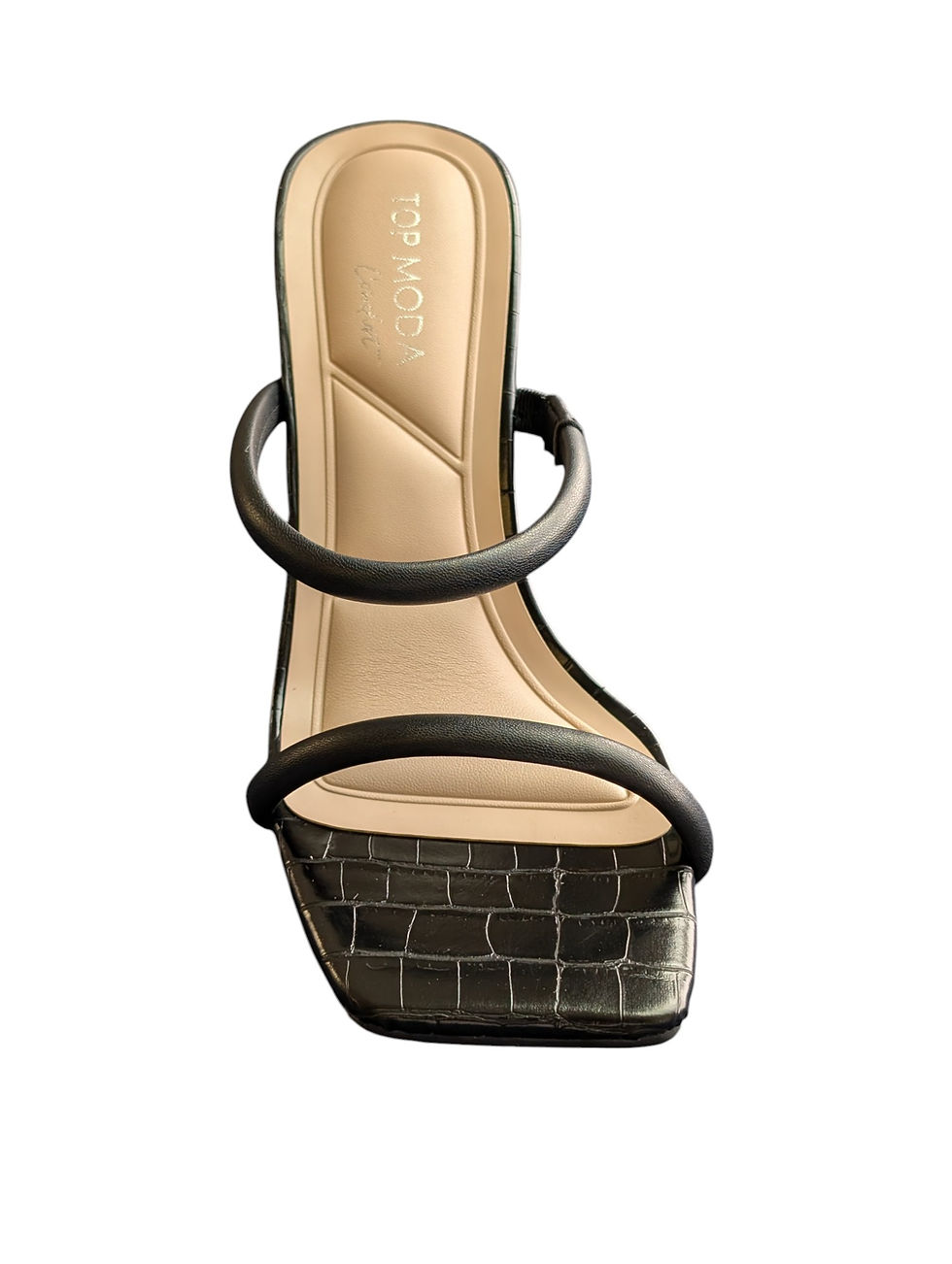 Thumbnail: Black Croc Square Toe Sandal Blocked Heel
