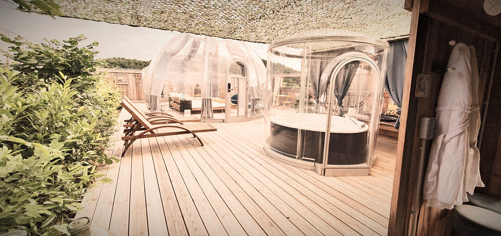 Vue rapprochée d'une bulle transparente avec un lit douillet à l'intérieur