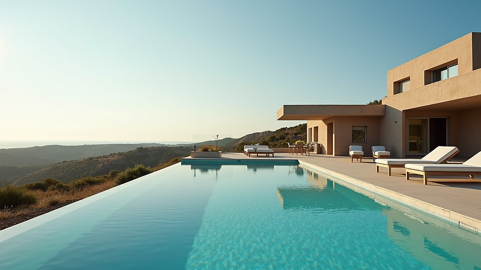 Weitwinkelaufnahme eines Pools mit angrenzendem Haus an der Algarve
