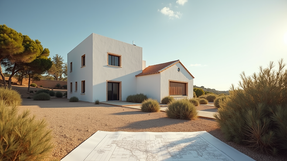 Augenhöhe Blick auf ein traditionelles Haus an der Algarve mit legalen Bauplänen im Vordergrund