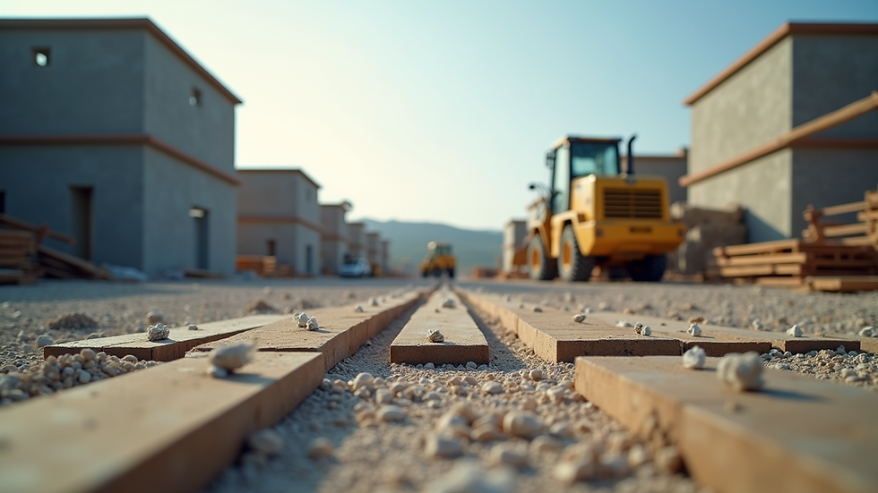 Eye-level view of construction site with building materials and machinery