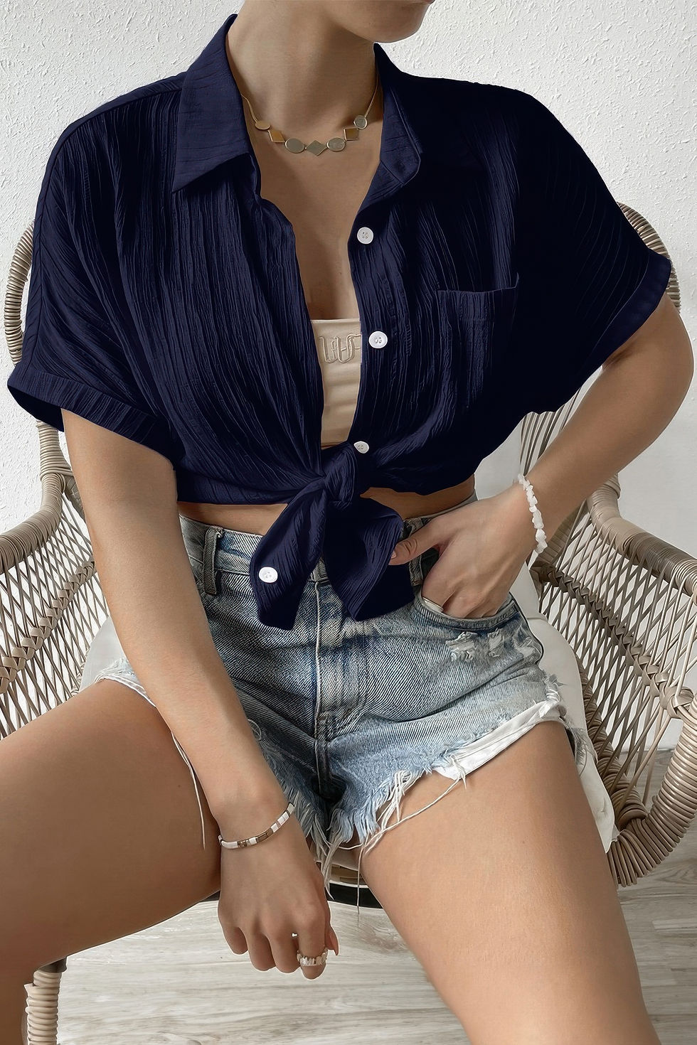 Thumbnail: Button Down Lapel Pockets Loose Solid Shirt