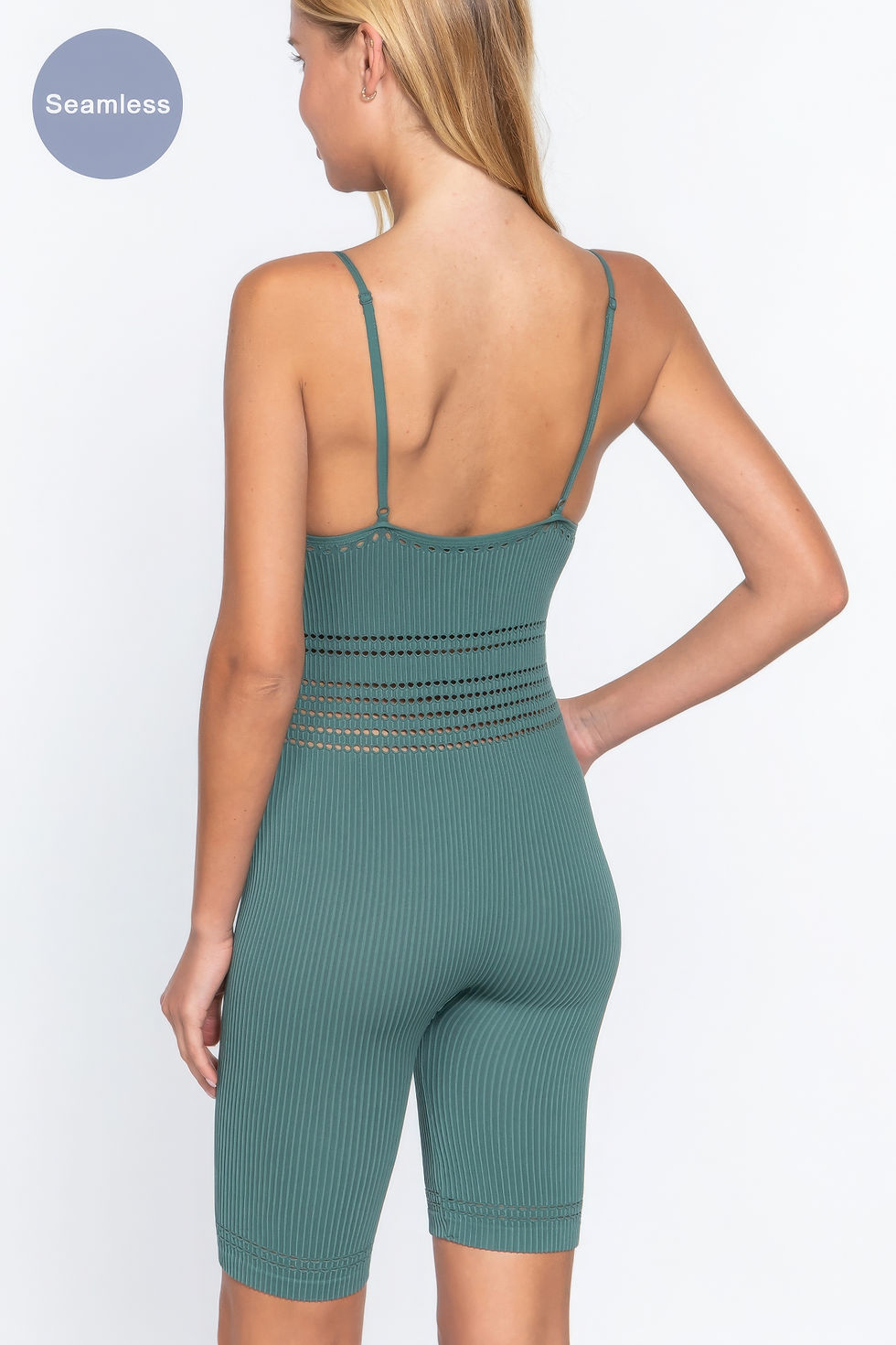 Thumbnail: Round Neck Pointelle Detail Seamless Rib Romper
